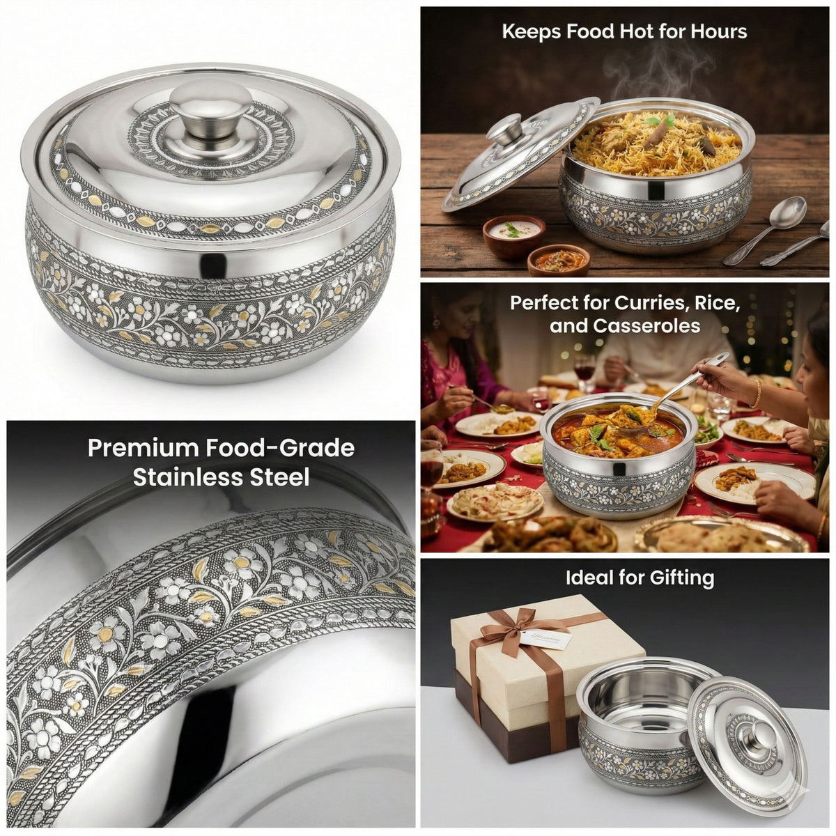 LIME Stainless Steel Casserole / Hot Pot with Lid | Oxidized Meenakari Chapati Box Thermoware Casserole (2000 ml)