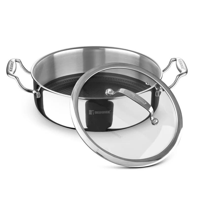 Bergner Hitech Tri-Ply Stainless Steel Non-Stick Cook & Serve 28 cm Pan (5.7 Liters) Cooking Pot with Glass Lid - Induction Bottom