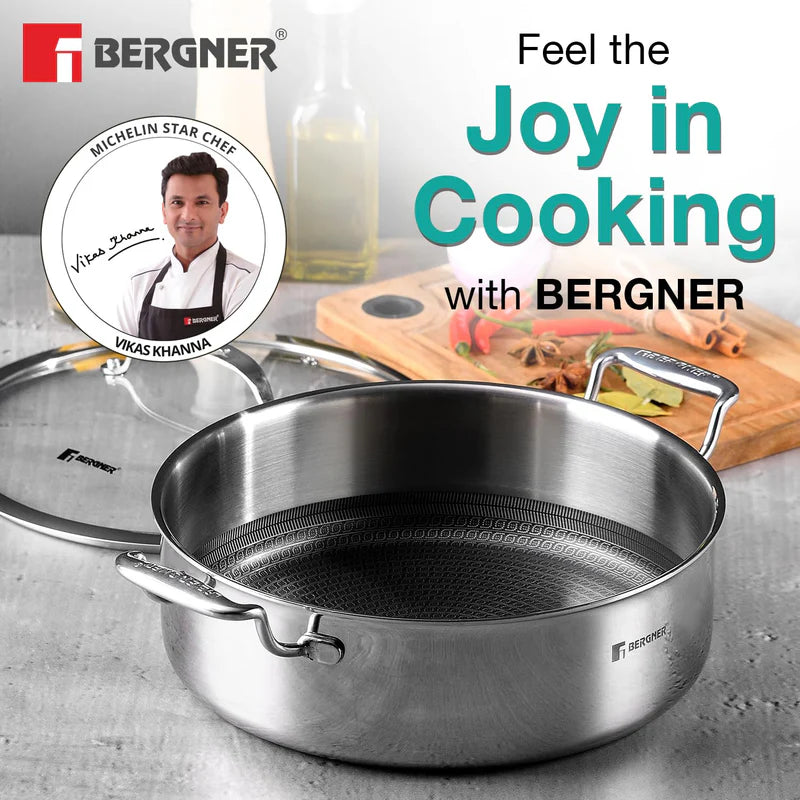 Bergner Hitech Tri-Ply Stainless Steel Non-Stick Cook & Serve 28 cm Pan (5.7 Liters) Cooking Pot with Glass Lid - Induction Bottom
