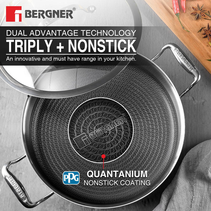 Bergner Hitech Tri-Ply Stainless Steel Non-Stick Cook & Serve 28 cm Pan (5.7 Liters) Cooking Pot with Glass Lid - Induction Bottom