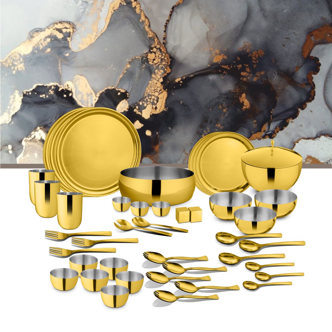 Stainless Steel 42 PCS Dinner Set (3 People) with Gold PVD Coating Maj