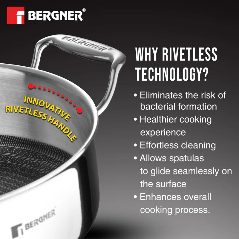 Bergner Hitech Tri-Ply Stainless Steel Non-Stick Cook & Serve 28 cm Pan (5.7 Liters) Cooking Pot with Glass Lid - Induction Bottom