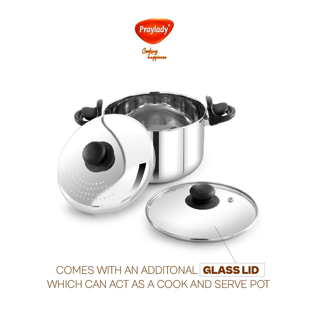 Stainless Steel Strainer Pot with Glass Lid - Induction Base Cooking Pot for Rice ,Pasta, Noodles, Vegetables, Rice - Anti-Locking Rice Strainer Cooker