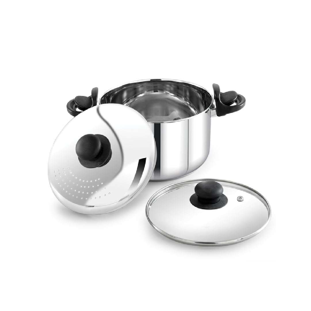 Stainless Steel Strainer Pot with Glass Lid - Induction Base Cooking Pot for Rice ,Pasta, Noodles, Vegetables, Rice - Anti-Locking Rice Strainer Cooker