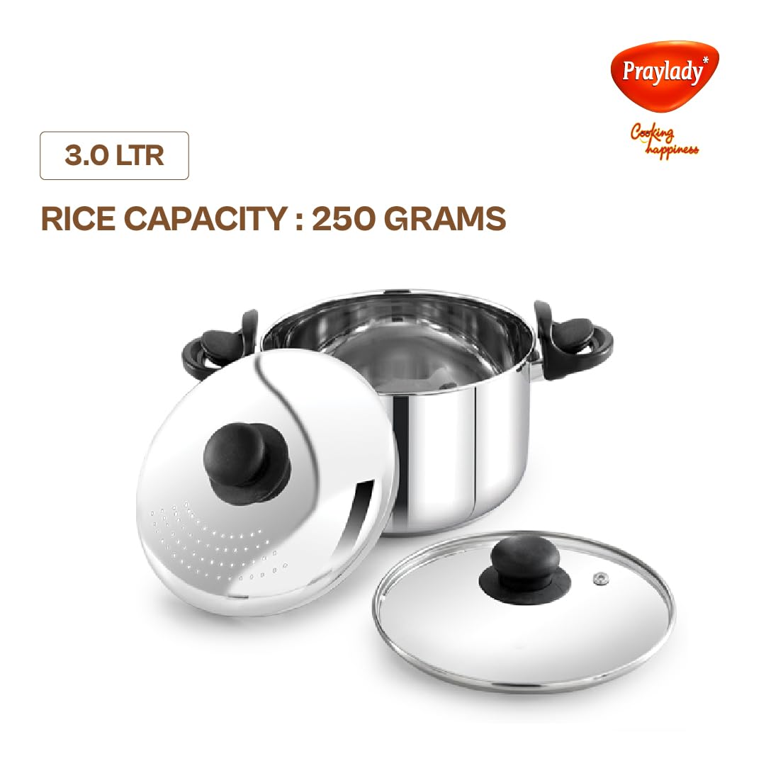 Stainless Steel Strainer Pot with Glass Lid - Induction Base Cooking Pot for Rice ,Pasta, Noodles, Vegetables, Rice - Anti-Locking Rice Strainer Cooker
