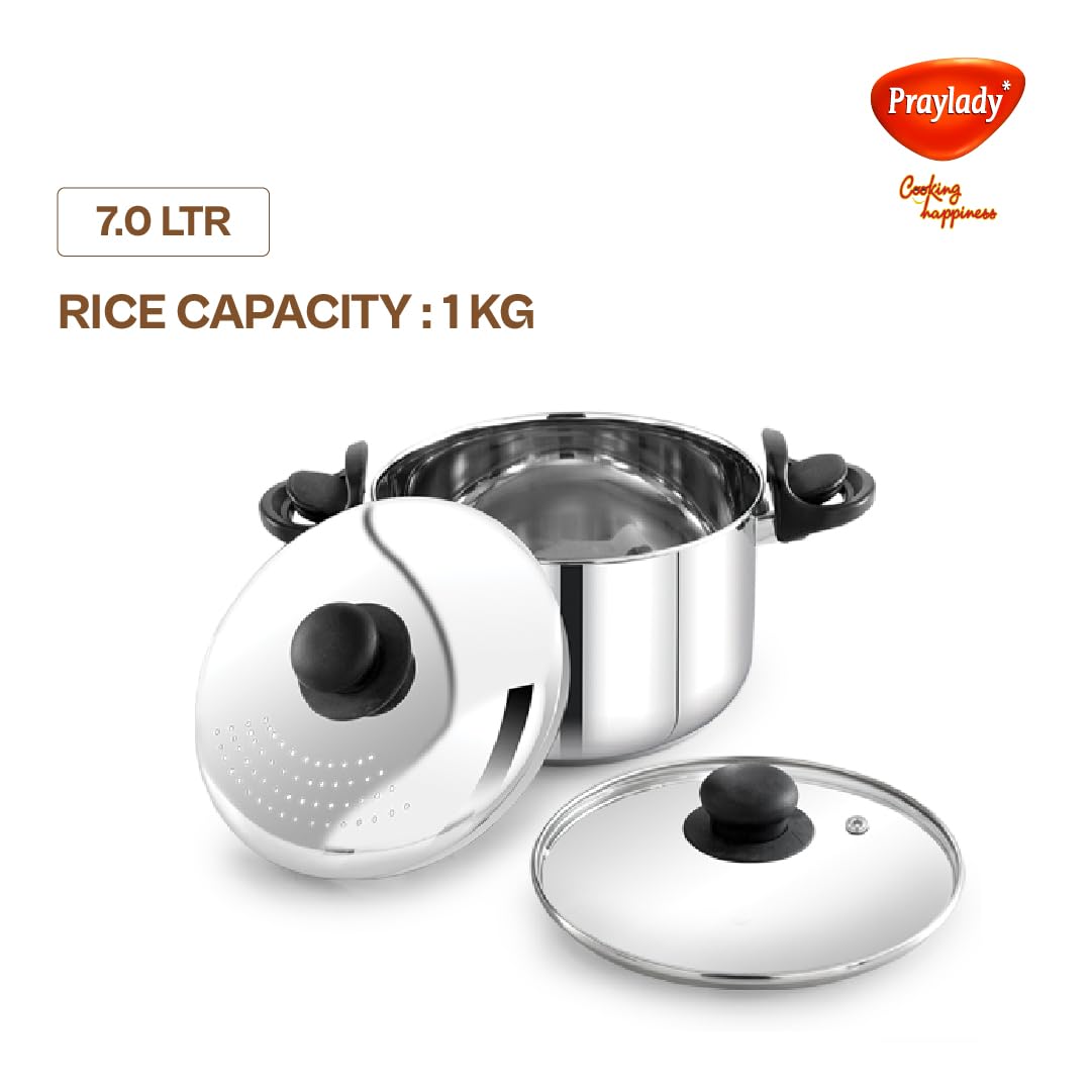 Stainless Steel Strainer Pot with Glass Lid - Induction Base Cooking Pot for Rice ,Pasta, Noodles, Vegetables, Rice - Anti-Locking Rice Strainer Cooker