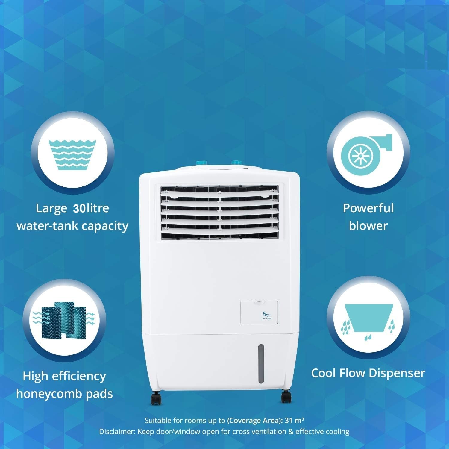 Mastercool symphony 30L Personal Air Cooler With Powerful Blower And Honeycomb Pads (White)
