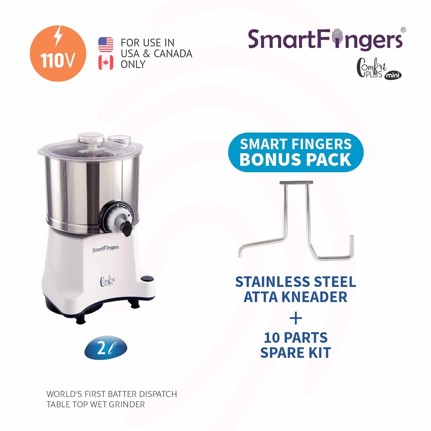 SmartFingers Stainless Steel Comfort Plus Table Top Magic Wet Grinder 110V 60Hz (2 L) For Usa Canada And Japan Only, White