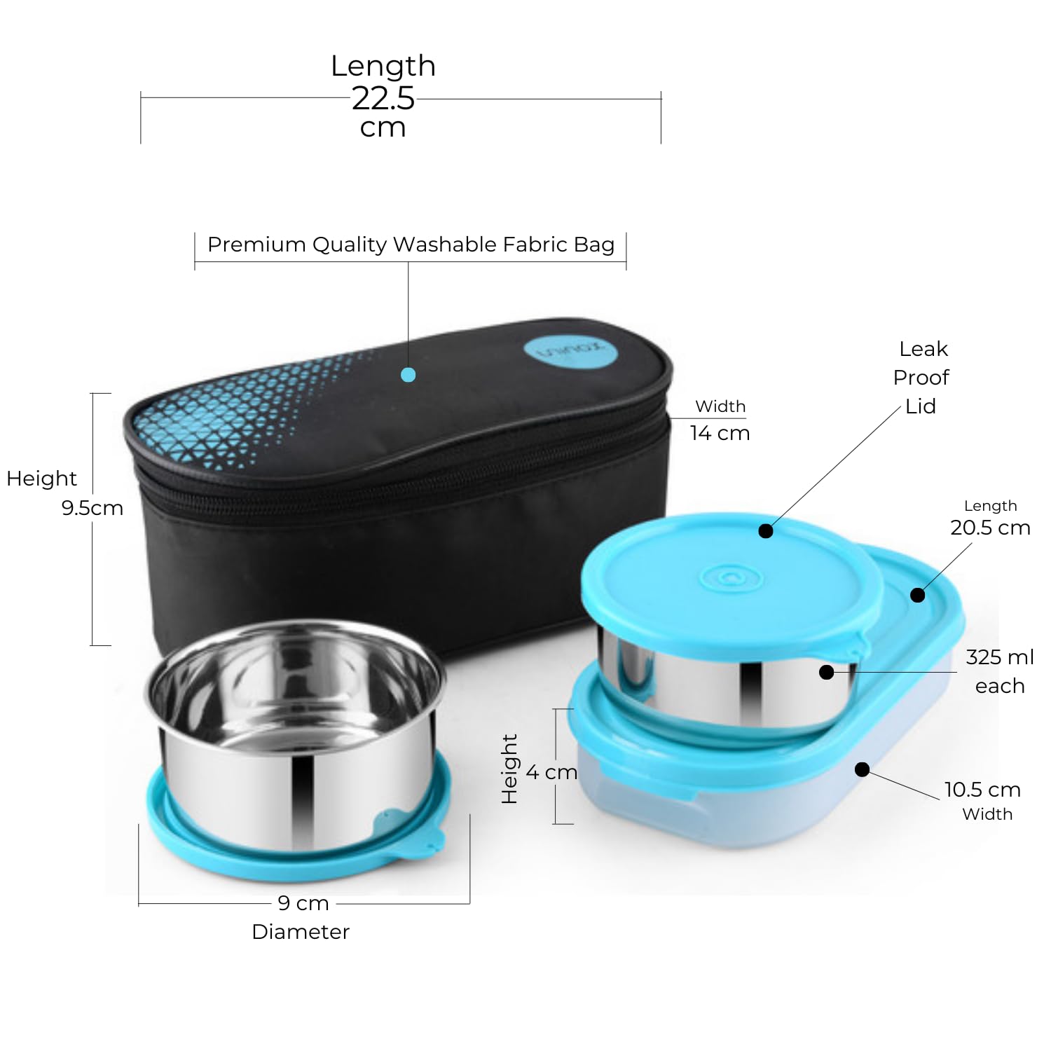 uninox Sabke Liye Stainless Steel Lunch Box with 2 Leak-Proof Containers, 1 Plastic Chapati Tray & Fabric Carry Bag | Office, School & Travel Tiffin | BPA-Free & Durable | Multipurpose | Blue