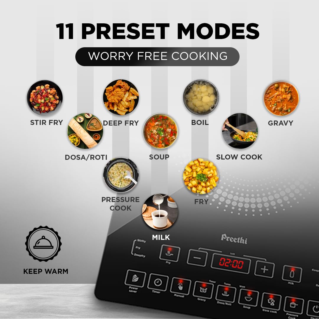 Preethi Indicook IC125 | 2100-Watt Induction Cooktop | Fast Gas-Free Cooking | No LPG Required || 3 Year Coil Warranty | Voltage surge protetion | Preset Indian Menus | Crystal Glass Plate | Black