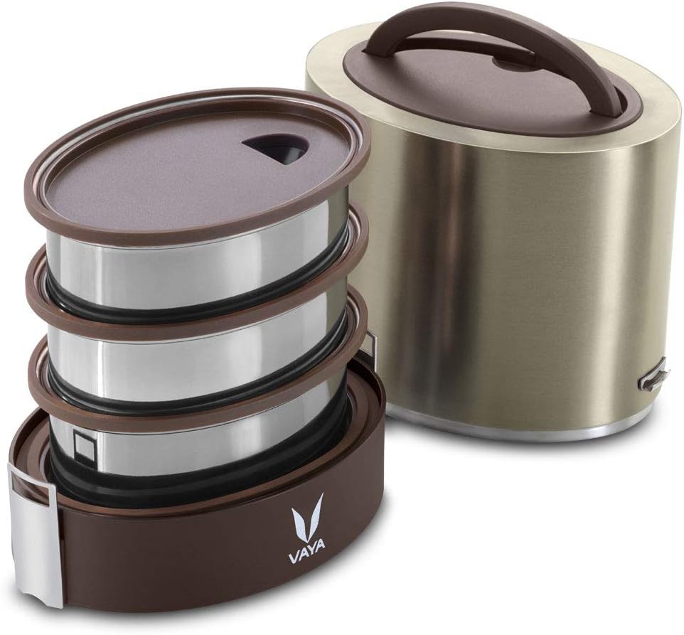 VAYA TYFFYN Stainless Steel Lunch Box Without Bagmat, Thermal Insulated Tiffin Box for School & Office Use, 1000 ml, 3 Containers