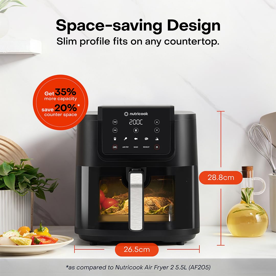 Nutricook 7.6L Air Fryer Slim XL with 100% Toxin-Free Ceramic Coating—No PTFE, PFAS, PFOA or Microplastics, Clear Window, Light & Extra-Large Basket | 1700W, 5 Presets, 2-Year Warranty