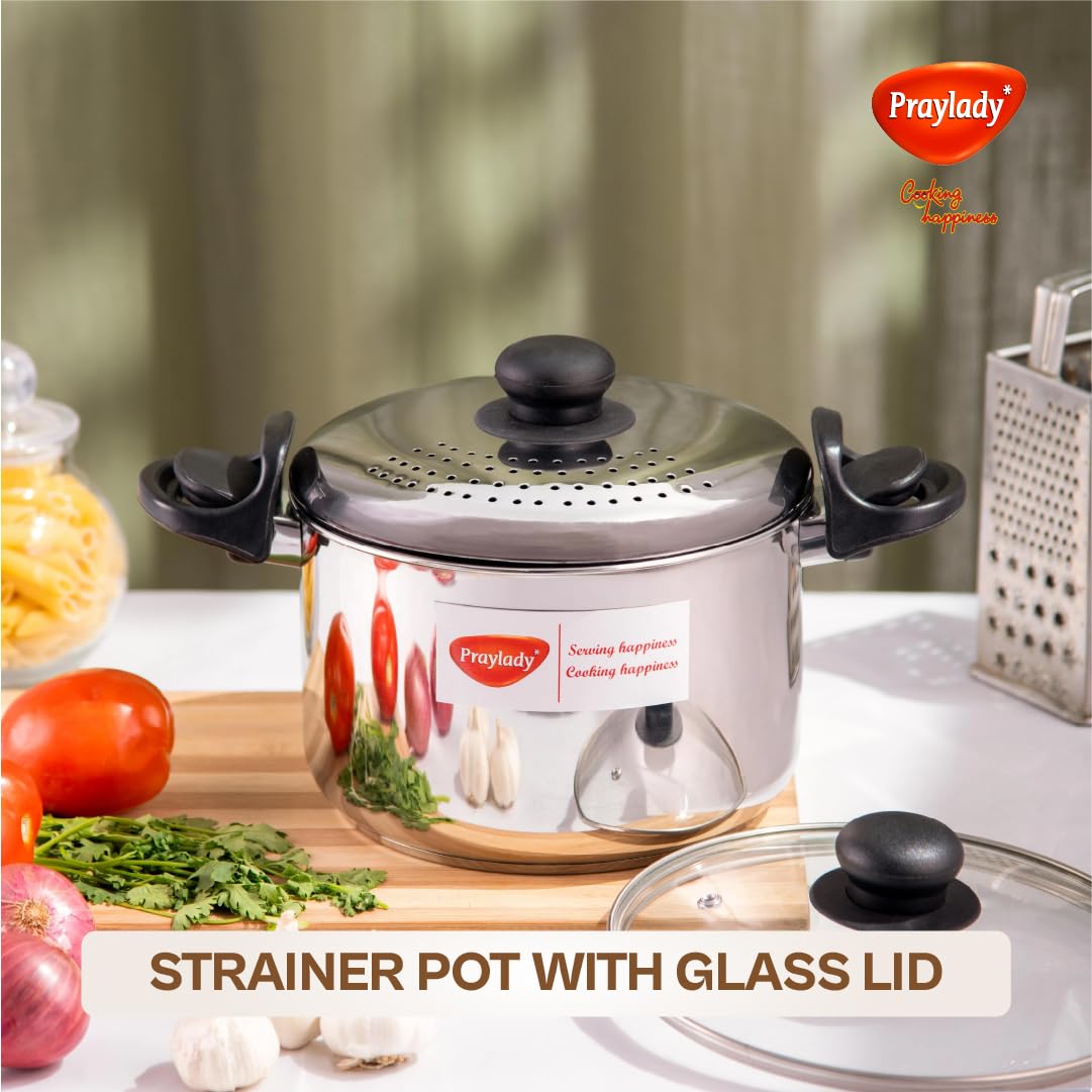Stainless Steel Strainer Pot with Glass Lid - Induction Base Cooking Pot for Rice ,Pasta, Noodles, Vegetables, Rice - Anti-Locking Rice Strainer Cooker