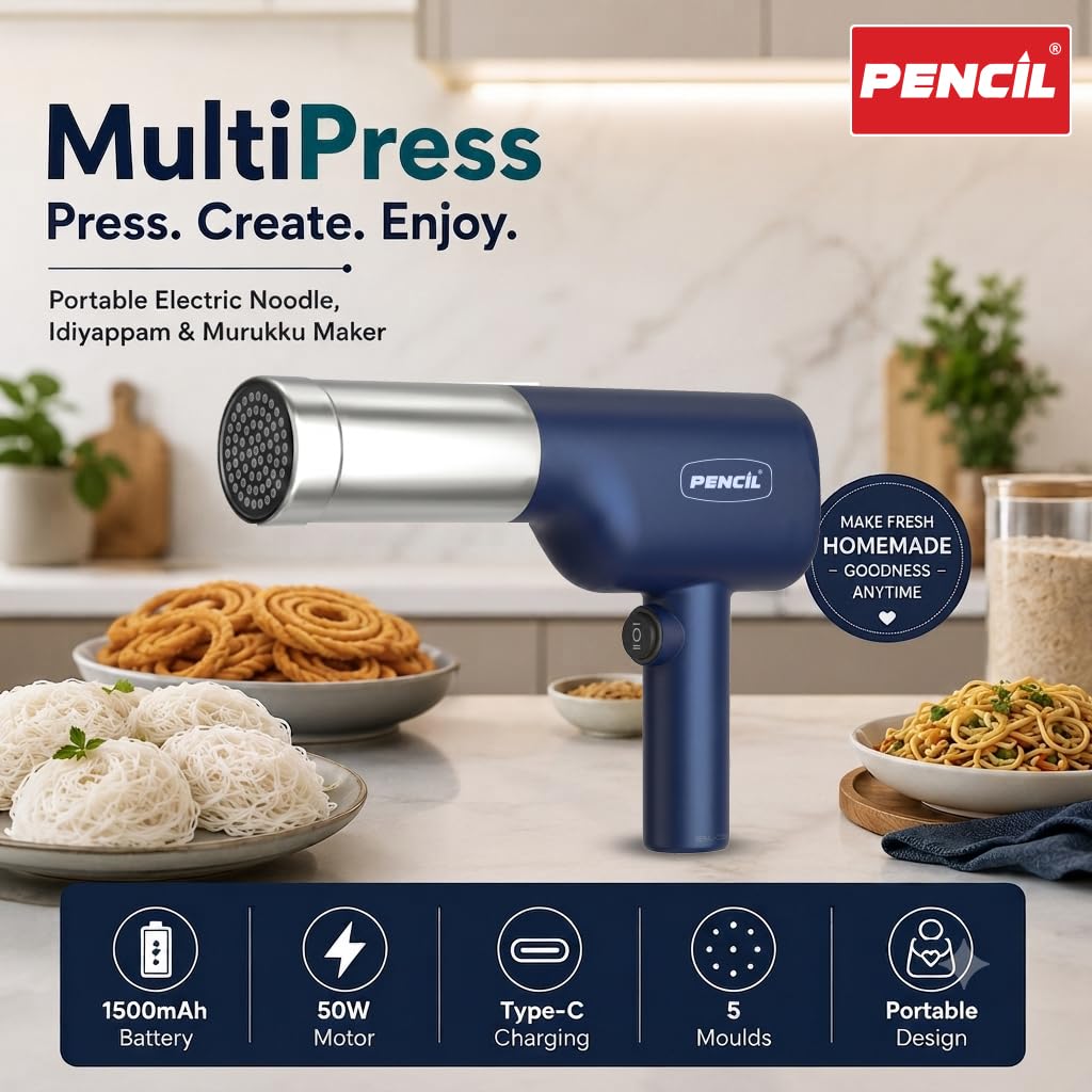MultiPress Portable Electric Noodle Maker Cum Idiyappam Maker Cum Murukku Maker | Cordless Rechargeable 1500mAh Battery | 50W Motor | 5 Interchangeable Moulds | Kitchen Press Machine | Blue