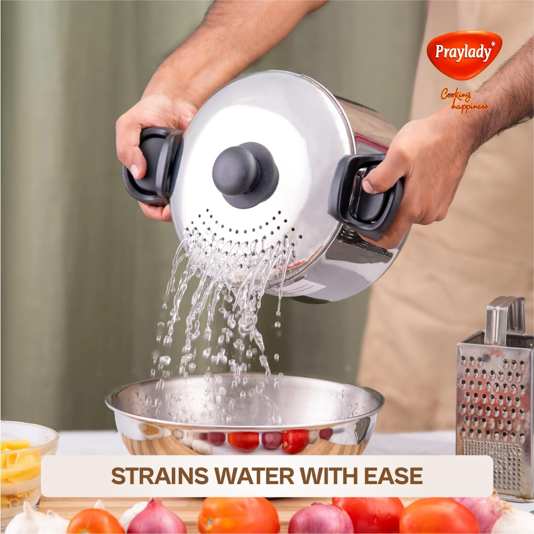 Stainless Steel Strainer Pot with Glass Lid - Induction Base Cooking Pot for Rice ,Pasta, Noodles, Vegetables, Rice - Anti-Locking Rice Strainer Cooker