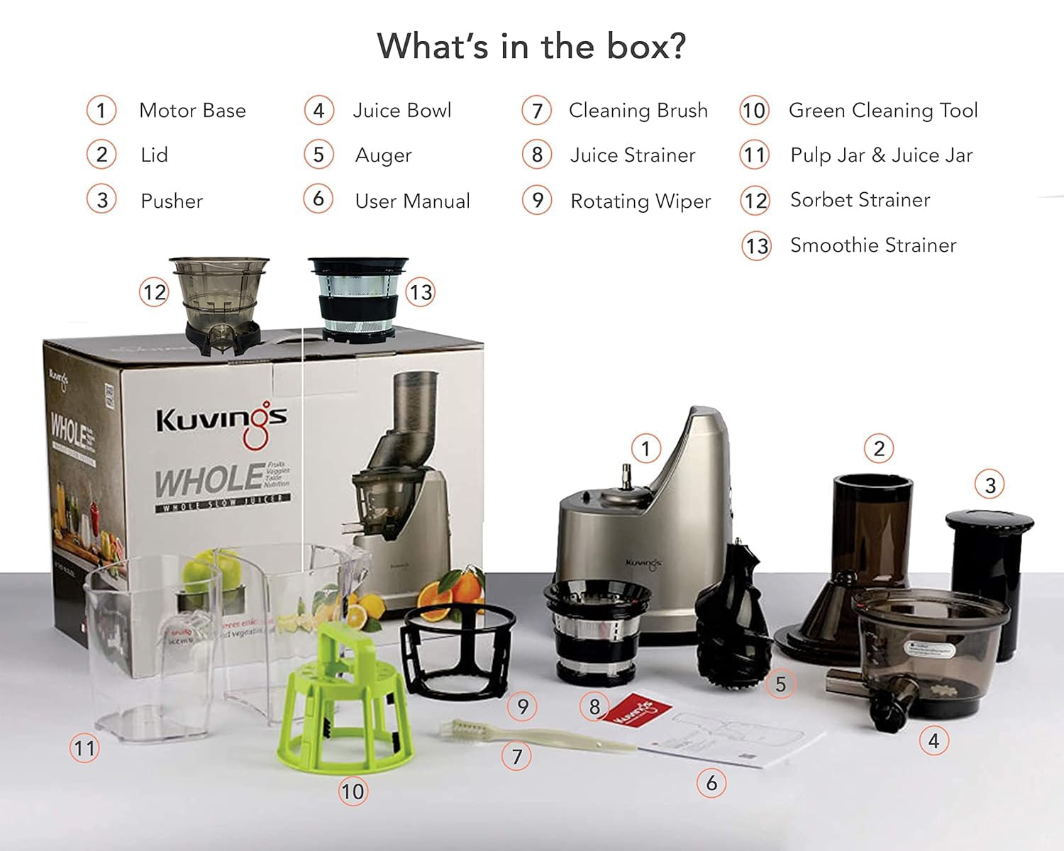Kuvings B1700 (with strainer)(Dark Silver/ )Cold Press Juicer for Home with Attachments, All-in-1 Juicer for Fruits, Vegetables &amp; Nut Milk, Smoothie &amp; Sorbet, Patented JMCS Technology 10% More Juice, 12 Yrs Warranty