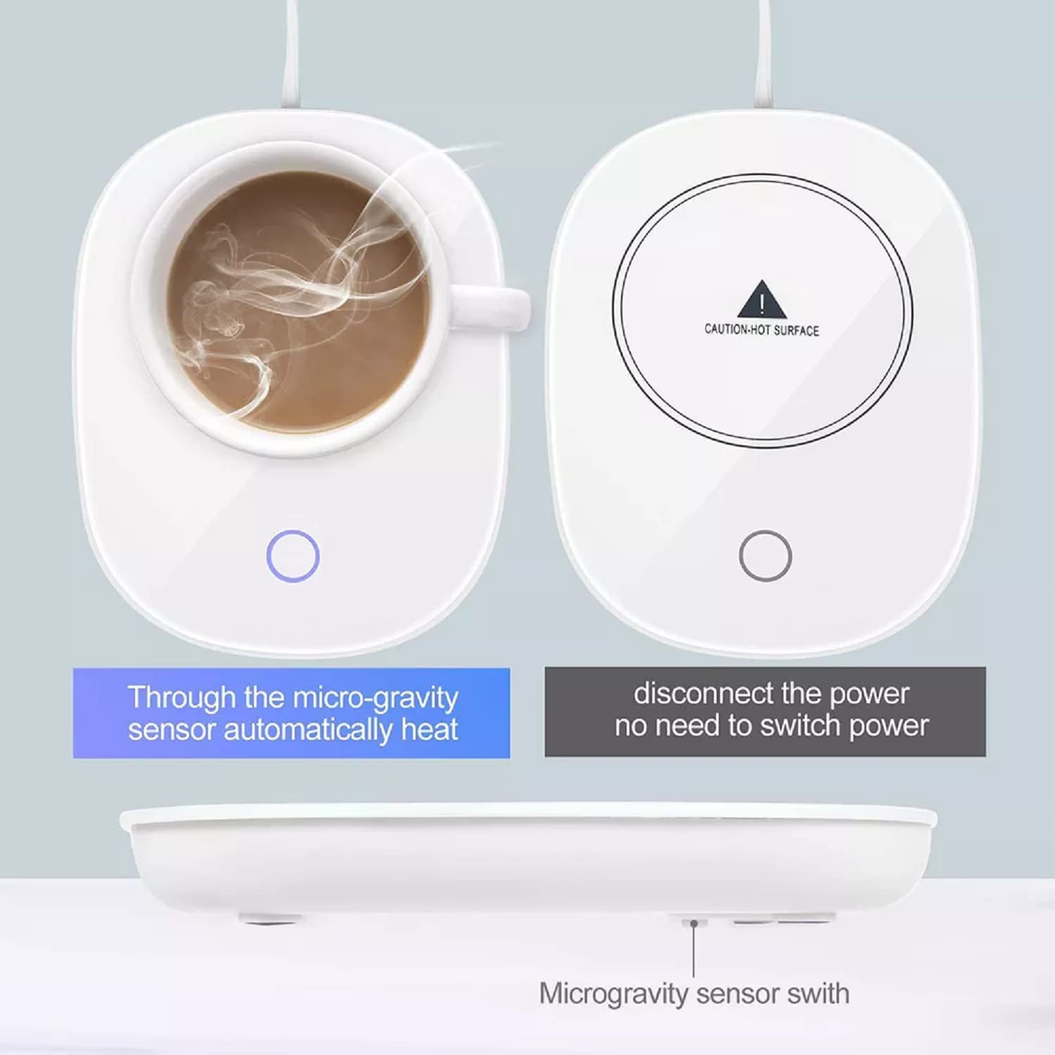 Remaxx Smart 16W Coffee & Tea Mug Warmer Plate With 2 350ml Ceramic Mug, 2 Lids & 2 Stirring Spoon| Auto On/Off | Touch Control | 2 Round Pin Plug | Maintains Temperature (Does Not Boil) (Coffee Warmer Plate + 2 Mug + 2 Coaster + 2 Stirring Spoon)