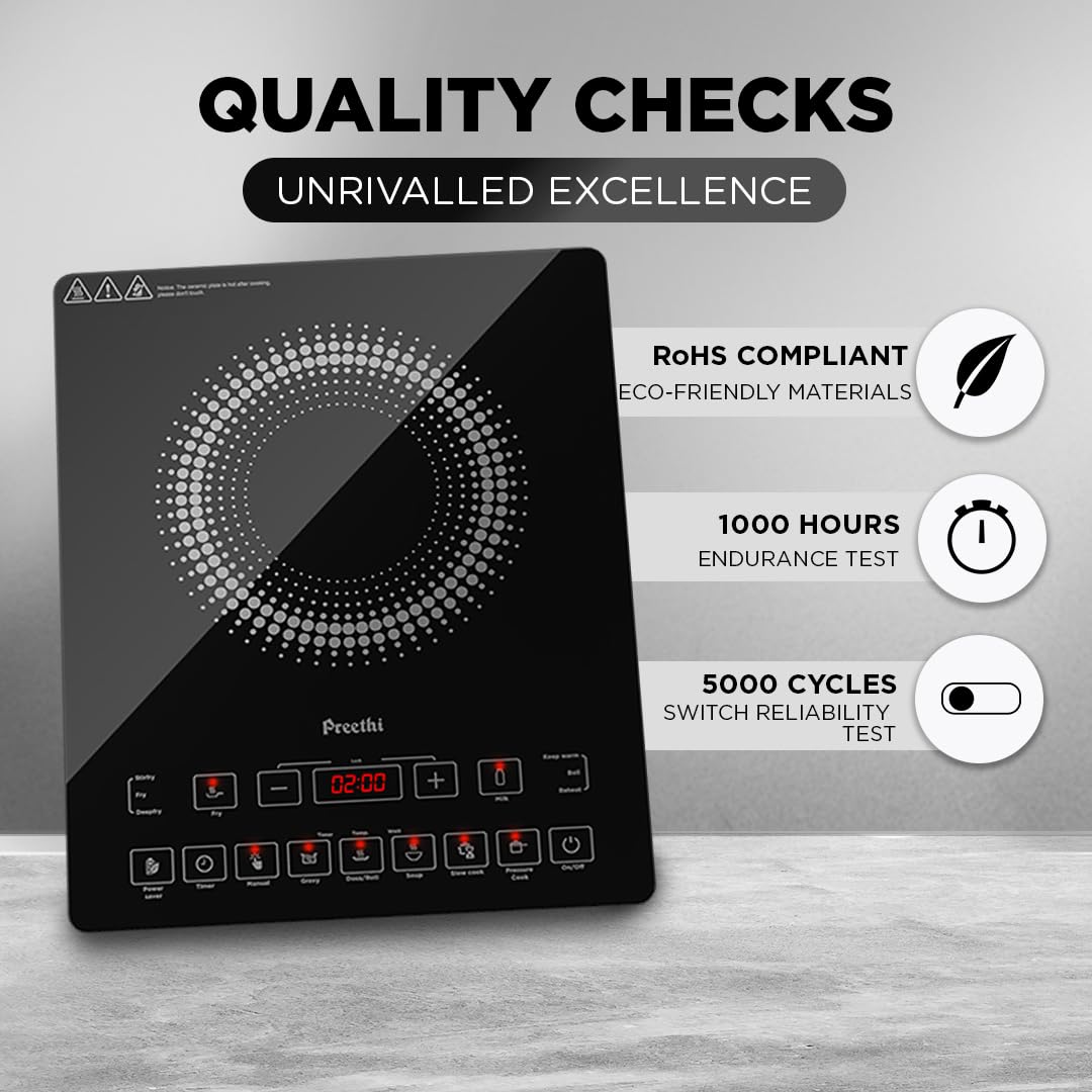 Preethi Indicook IC125 | 2100-Watt Induction Cooktop | Fast Gas-Free Cooking | No LPG Required || 3 Year Coil Warranty | Voltage surge protetion | Preset Indian Menus | Crystal Glass Plate | Black