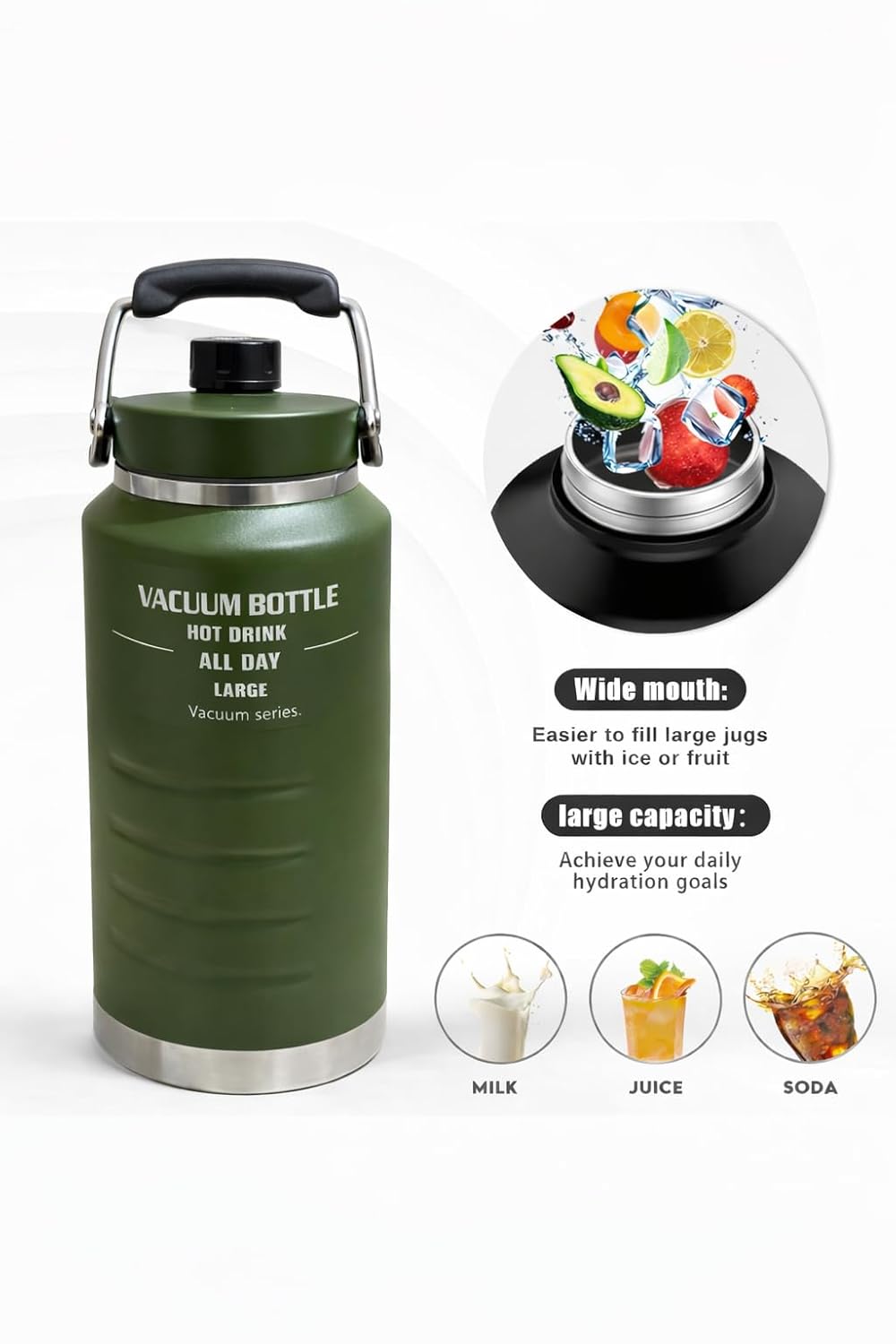 Vacuum Bottle Large Insulated Water Hot/cold&nbsp; Drink All Day, 2 Litre (Green/orange /navy blue )