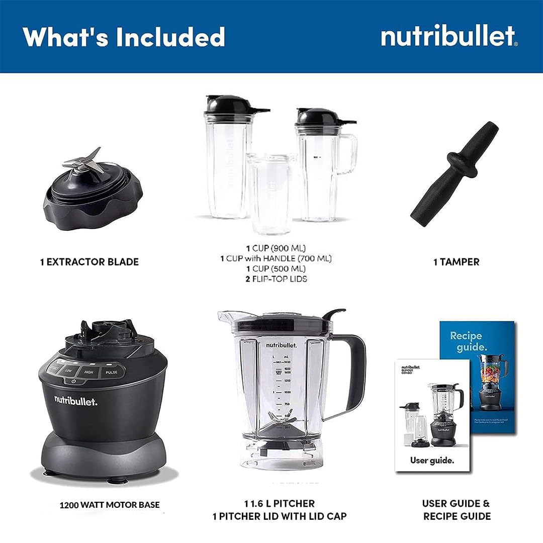 Nutribullet 1200W Combo Blender, USA #1 Mixer, Grinder, Smoothie Maker, Food Processor, "The Original Nutribullet", 3 Unbreakable Jars, 1.8L Extra Large Pitcher & Tamper, 2yrs warranty (Dark Grey)