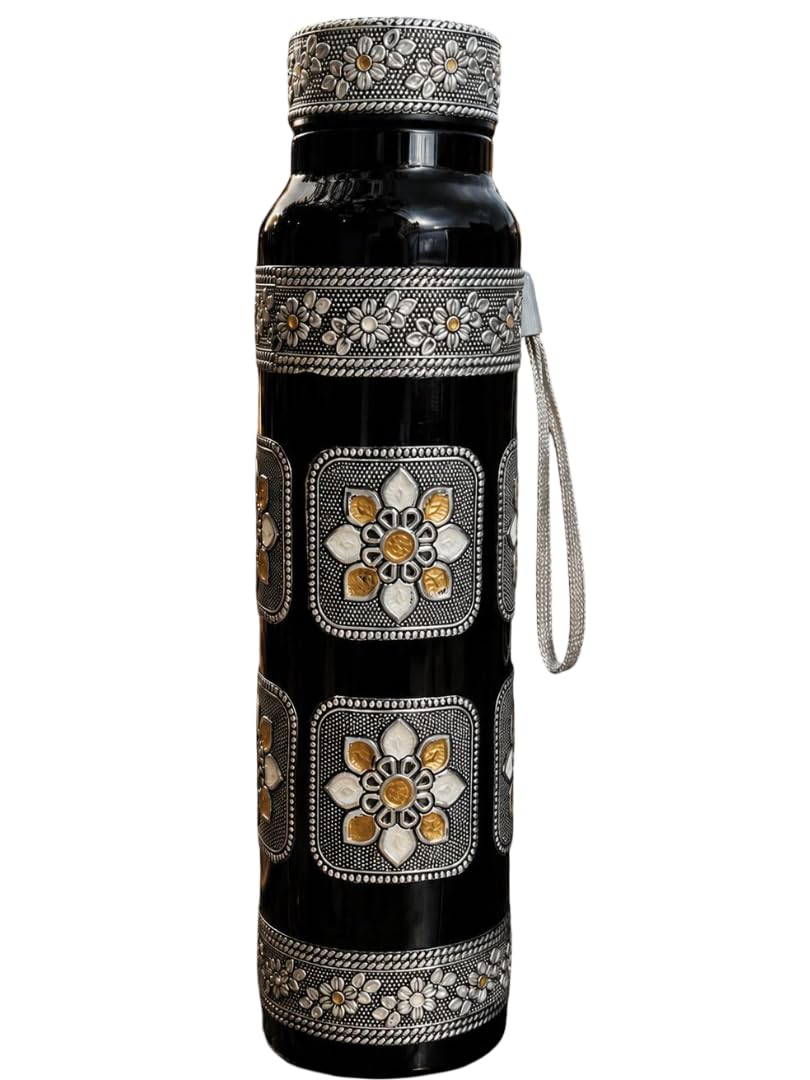 LIME Stainless Steel Water Bottle 1L with Antique Oxidized Floral Artwork
