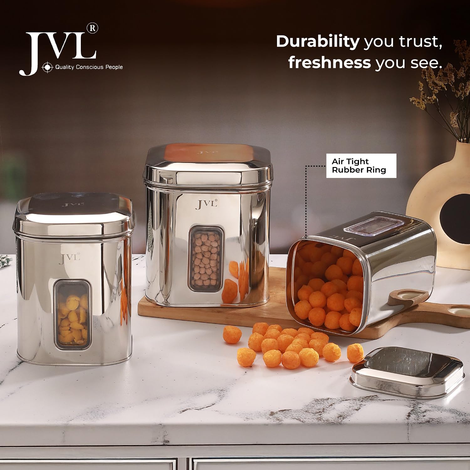 Classicware Stainless Steel Flossy Window Canister with See through window, Airtight Lid, Ideal for Grains, Snacks, Spices & Dry Fruits
