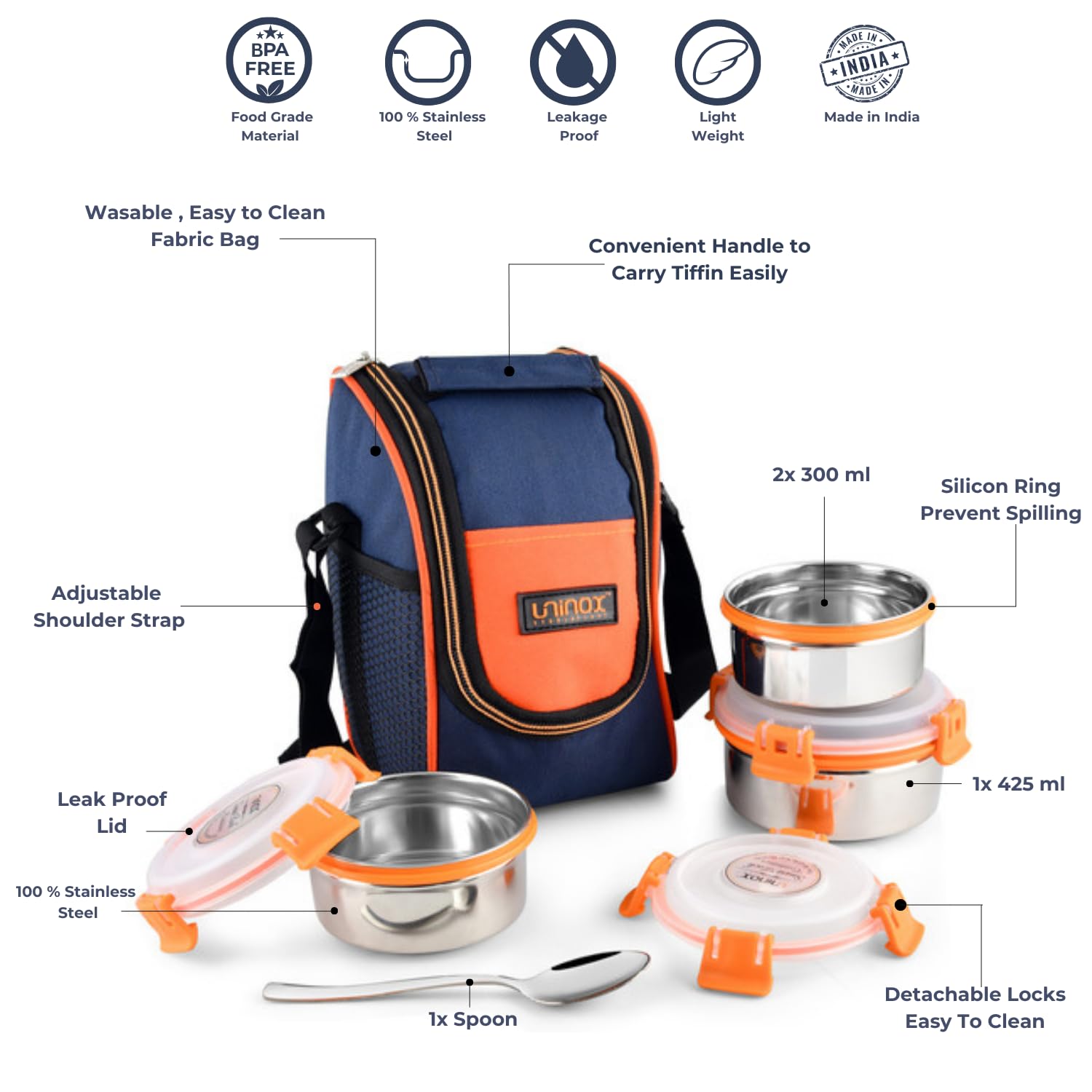 uninox Trendy Stainless Steel Lunch Box Set of 3 Pcs (300ml, 300ml, 450ml) with 1 Steel Spoon for Office, Picnic, Student | BPA Free | Orange | Leak Proof | Hot Food