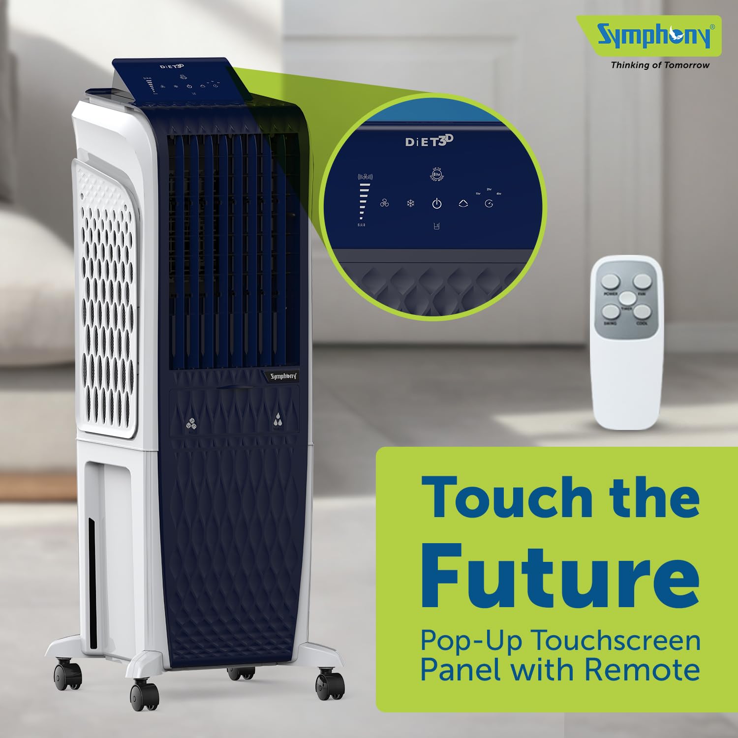 Symphony Diet 3D 30B Tower Air Cooler | BLDC Technology | Honeycomb Cooling Pad | Touchscreen Pop-Up Control Panel | Magnetic Remote + Sleep Mode | 1-Year Warranty