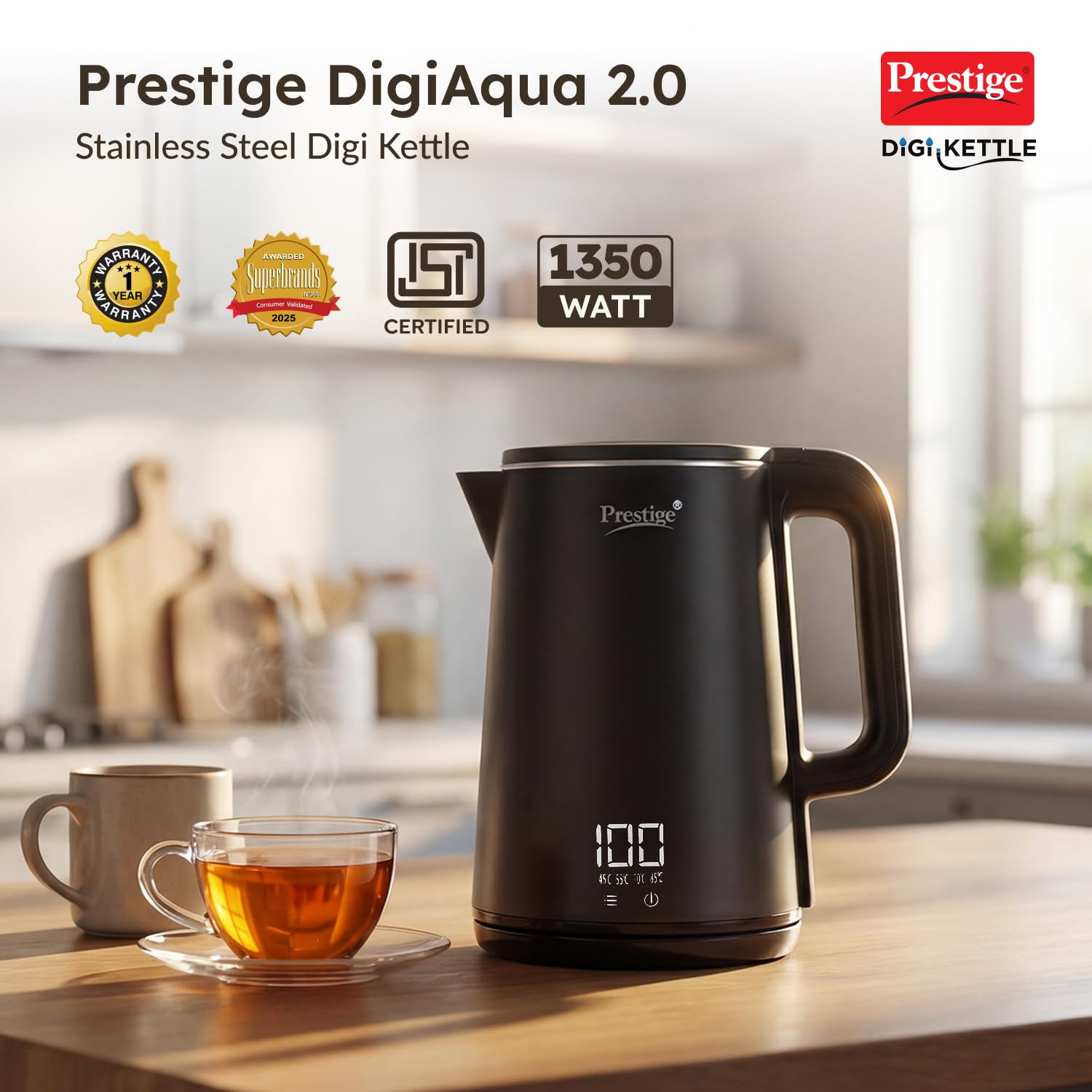 Prestige Stainless Steel Digi Kettle 2 L With 4 Preset Modes | Live Temperature Display | Elegant Cool Touch Design | Auto-Cut Off And Dry Heat Protection | 360 Degree Swivel Base, 1350 Watts, Black