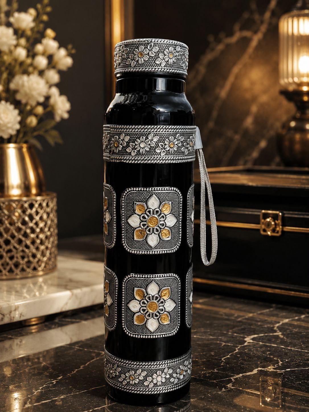 LIME Stainless Steel Water Bottle 1L with Antique Oxidized Floral Artwork
