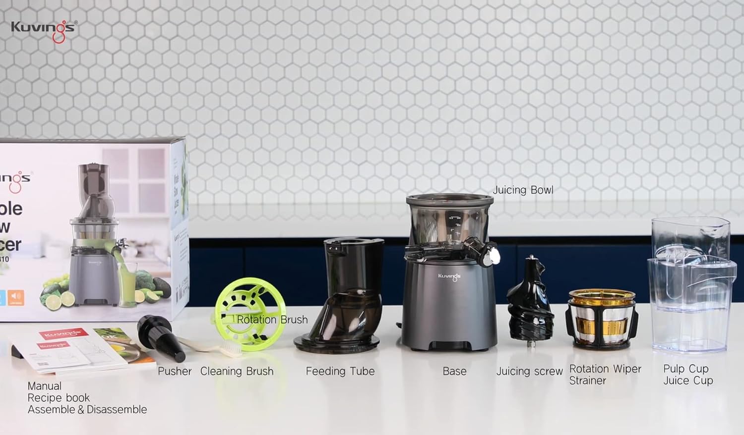 Kuvings EVO810 Black Professional Cold Press Whole Slow Juicer, World's Only Juicer with Patented Rubber & Silicon-Free Technology, 240W Strong Motor, 12 Years Warranty