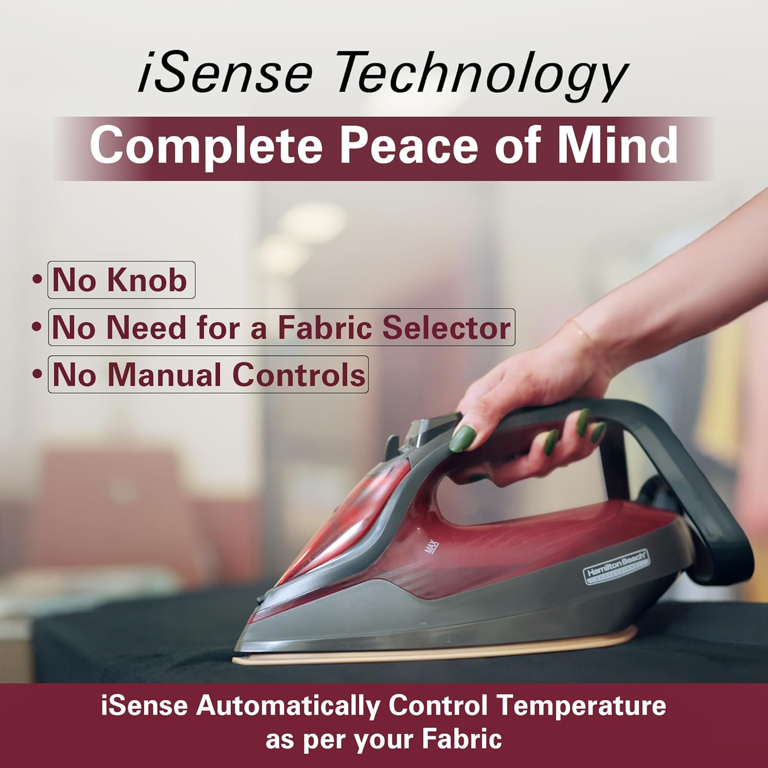 Hamilton Beach Fully-Automatic Steam Iron with iSense Technology, Steam Iron, Intelligent Auto-Temp, iron for clothes, Ceramic-Coated Soleplate with 5-Year Warranty, Auto Standby, 45g/min Steam,