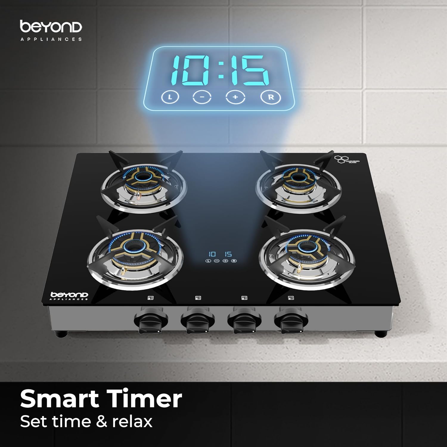 BEYOND Appliances Auriga 4 Burner Smart Glass Gas Stove | Auto Ignition | Digital Timer | Flame Failure Device | Toughened Glass (Copy)