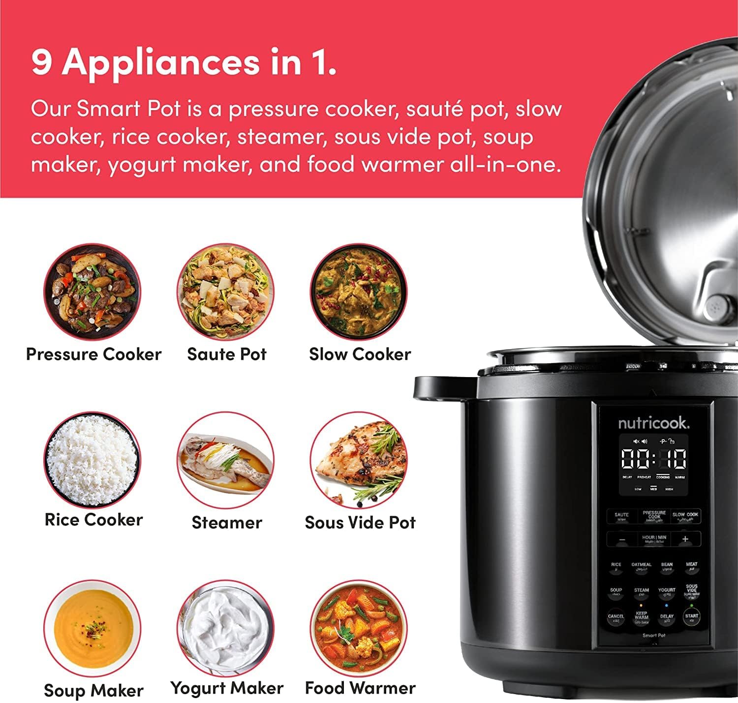 Nutricook Smart Pot 2 Stainless Steel 6 QT (5.7L), 1000W 9-in-1 Instant Programmable Electric Pressure Cooker, Slow Cooker, Rice Cooker, Steamer, Sauté Pot, Sous Vide, Smart Lid, 2-Year Warranty