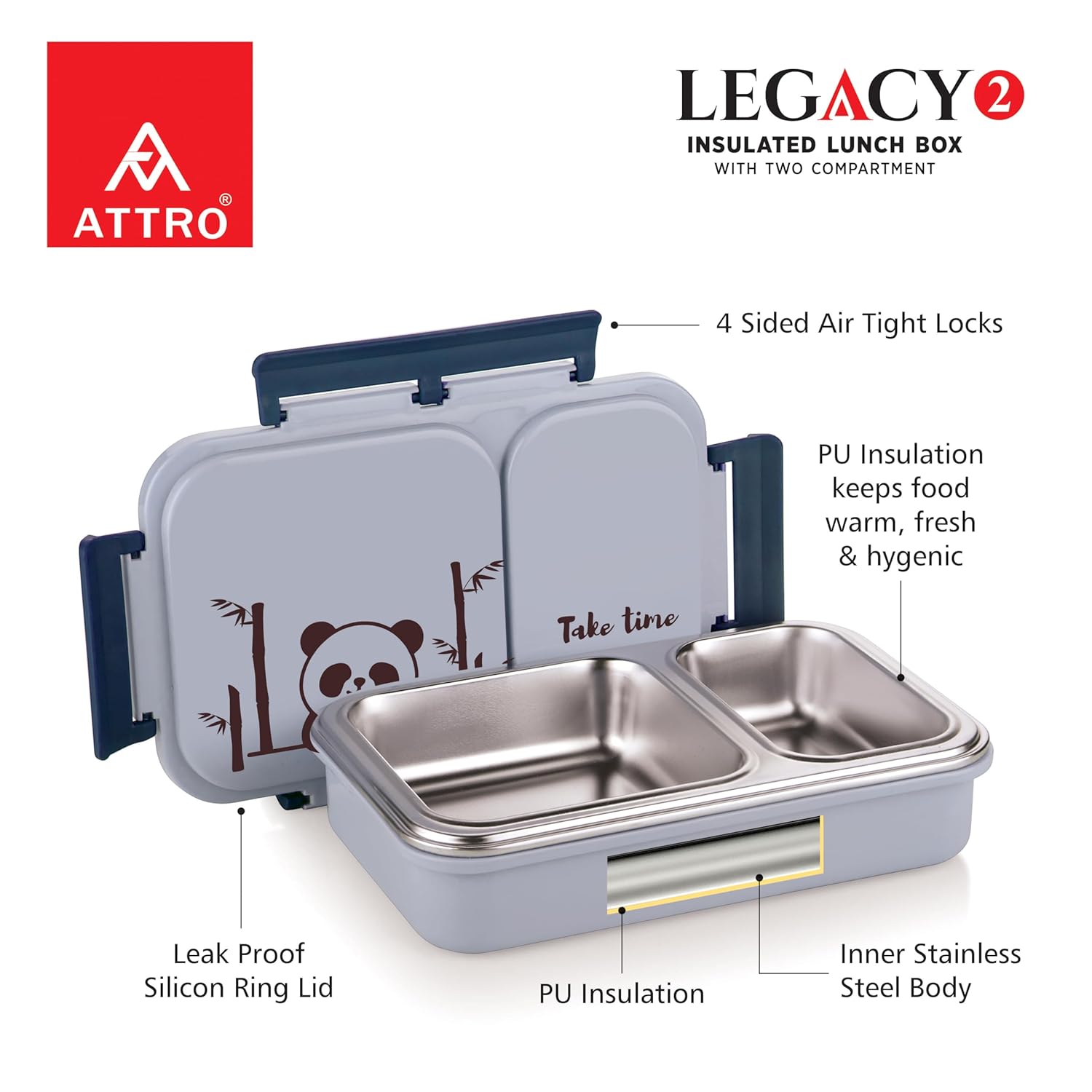 Stainless Steel Legacy 2 Insulated Lunch Box with Two Compartment Bpa Free, Food Grade Ideal for School, Picnic, Office & Outdoor - 600Ml Grey
