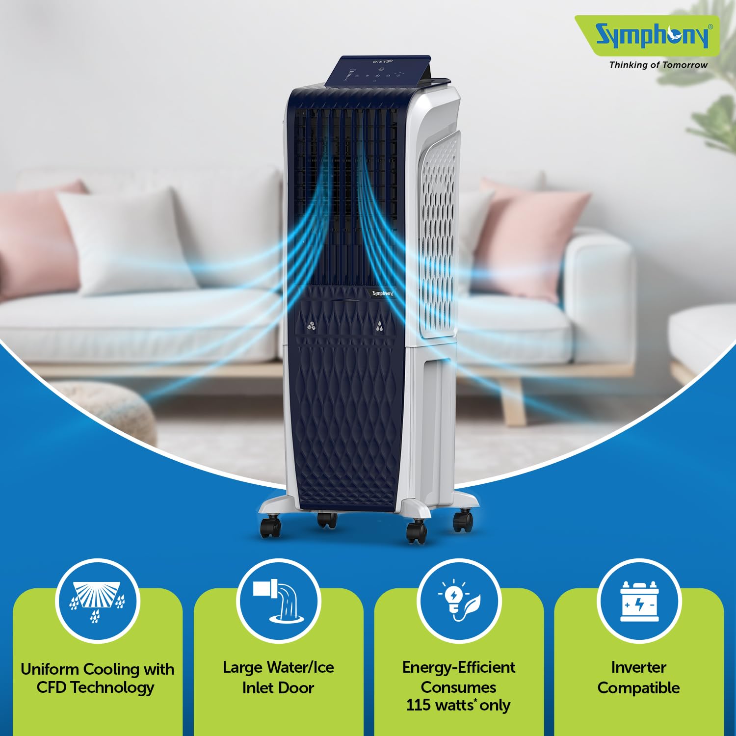 Symphony Diet 3D 30B Tower Air Cooler | BLDC Technology | Honeycomb Cooling Pad | Touchscreen Pop-Up Control Panel | Magnetic Remote + Sleep Mode | 1-Year Warranty
