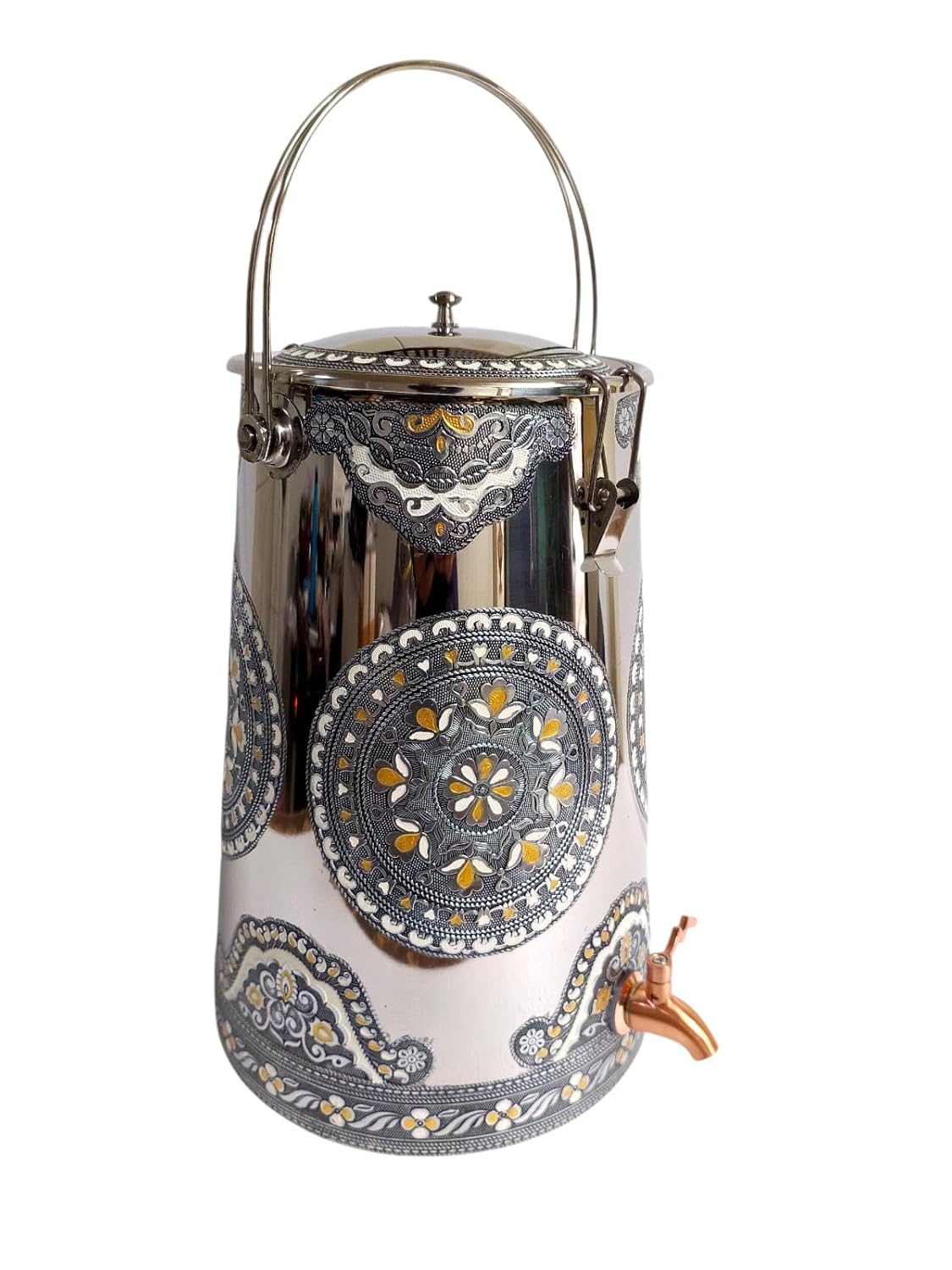 Meenakari Stainless Steel Matka with Tap  Stainless Steel Water Dispenser 10 Litre Pot  Water Container with Tap - Vertical