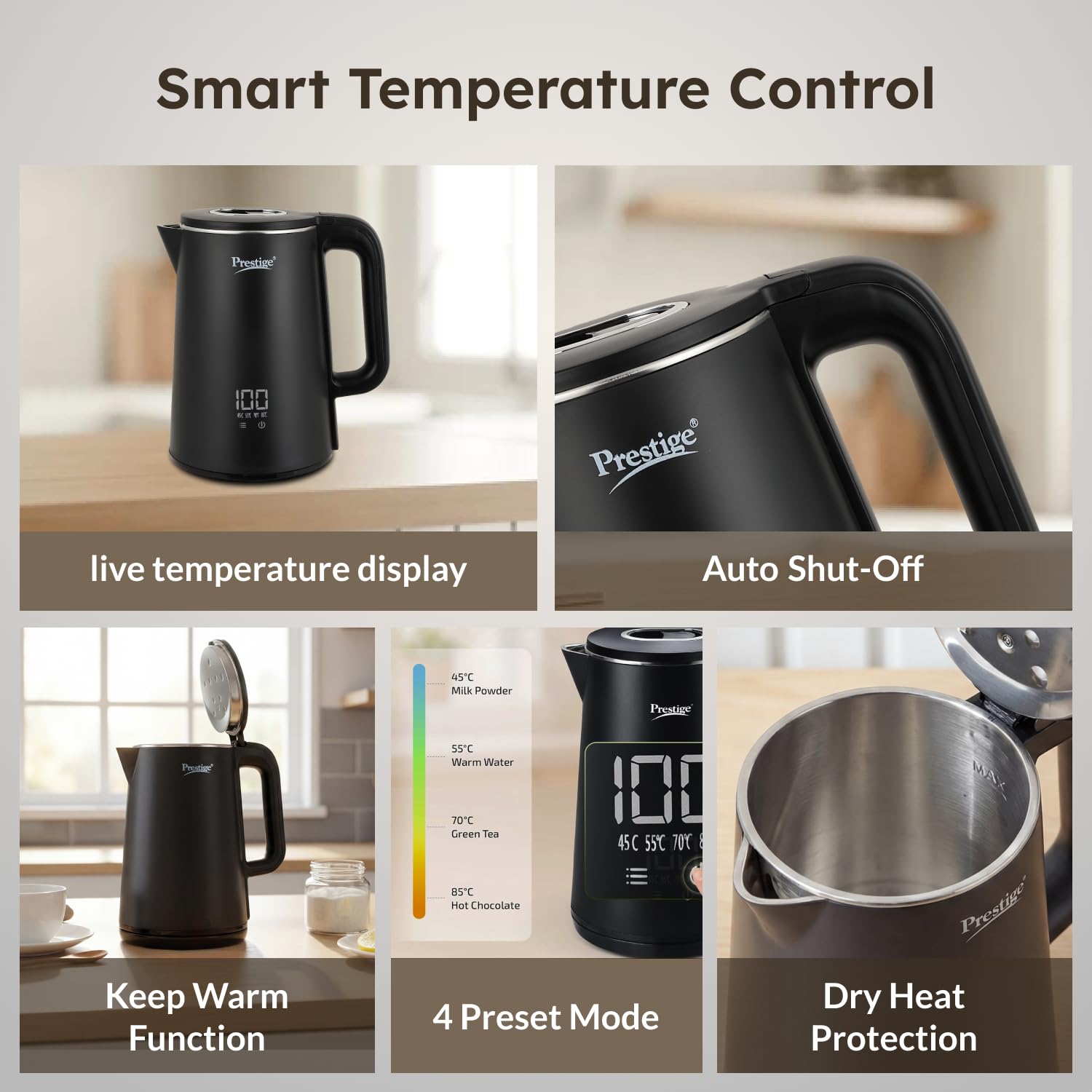 Prestige Stainless Steel Digi Kettle 2 L With 4 Preset Modes | Live Temperature Display | Elegant Cool Touch Design | Auto-Cut Off And Dry Heat Protection | 360 Degree Swivel Base, 1350 Watts, Black