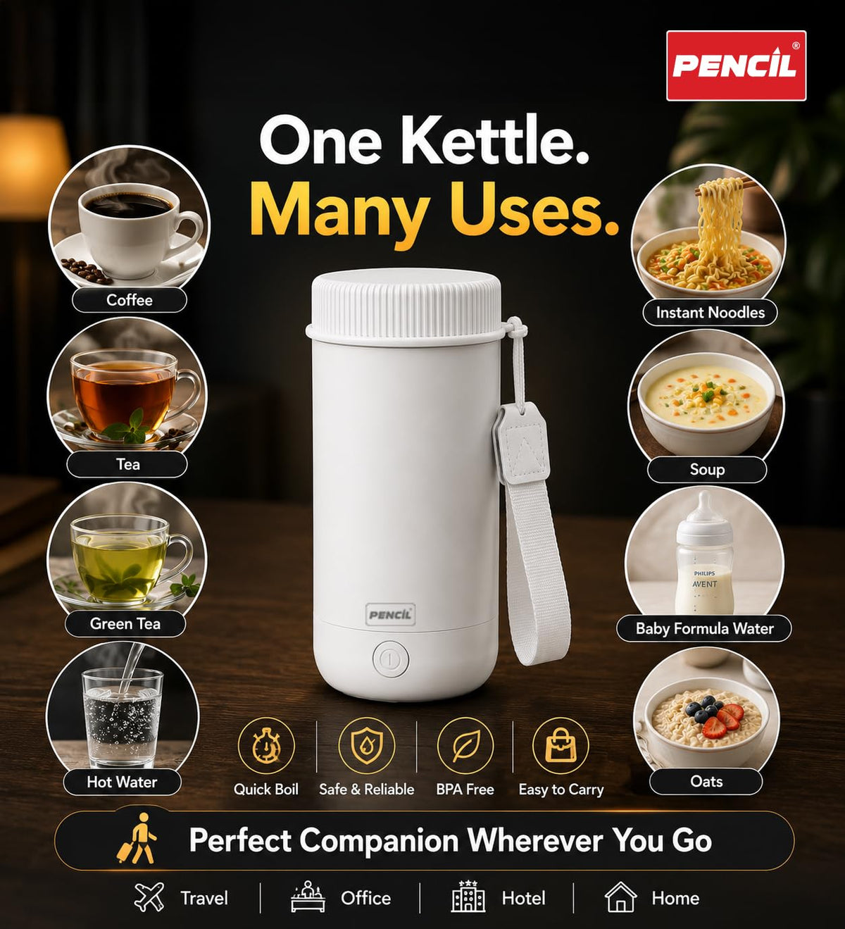 Pencil Travel Electric Kettle Portable Stainless Steel Water Boiler with Fast Heating for Tea, Coffee & Hot Water