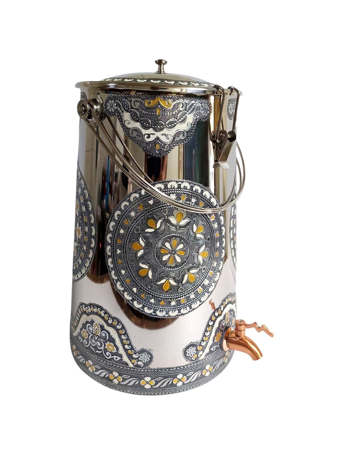Meenakari Stainless Steel Matka with Tap  Stainless Steel Water Dispenser 10 Litre Pot  Water Container with Tap - Vertical