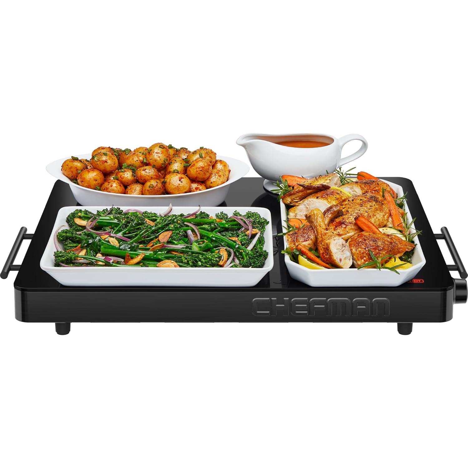 Chefman Electric Warming Tray 450W with Adjustable Temperature Control, Original USA Brand, Perfect for Home Dinners &amp; Event Parties, Large 21” x 16” Glass-Top Surface, Keeps Food Hot