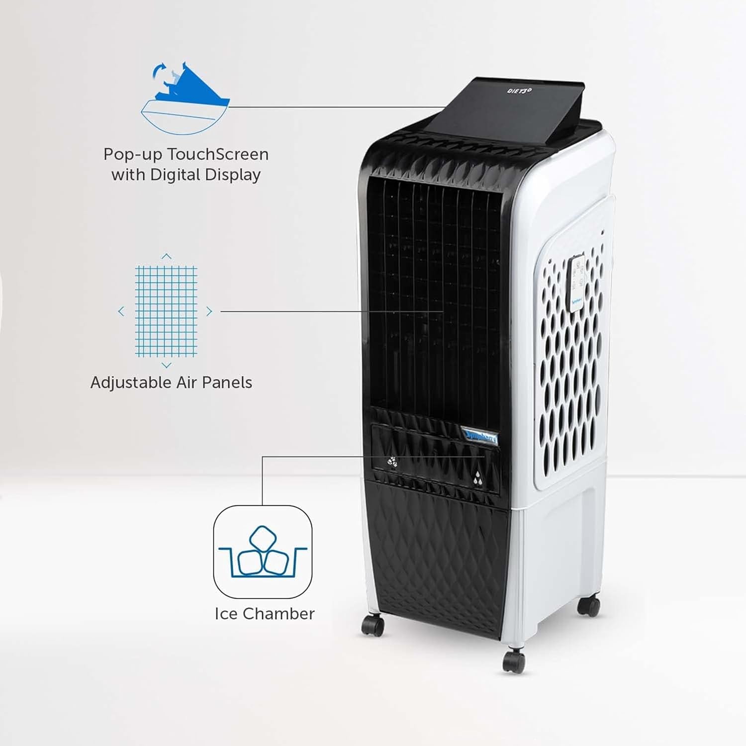 Symphony Diet 3D 30i Portable Tower Air Cooler For Home with 3-Side Honeycomb Pads i-Pure Technology and Low Power Consumption (30L, White & Black)