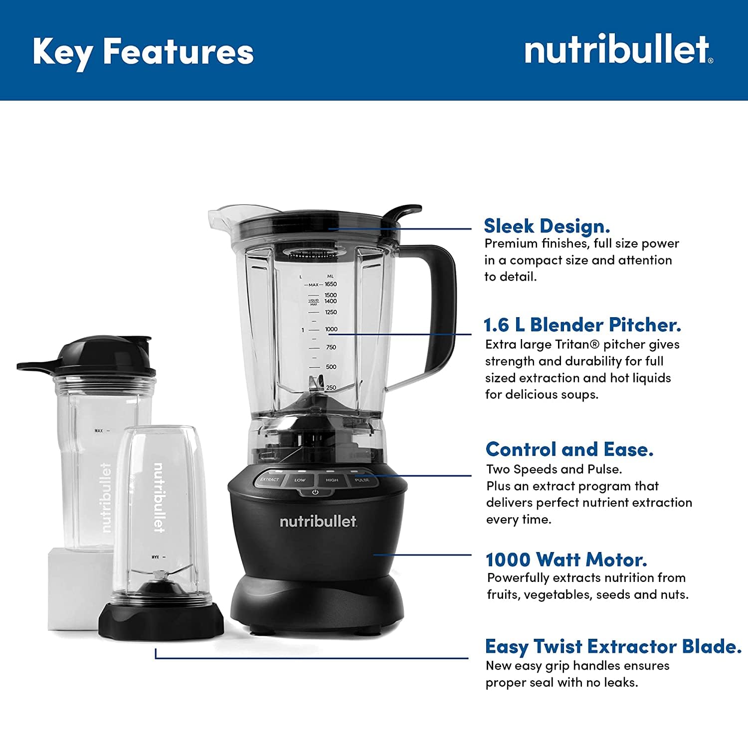 Nutribullet 1000W Combo Blender, USA #1 Mixer, Grinder, Smoothie Maker, Food Processor, "The Original Nutribullet", 3 Unbreakable Jars, 1.6L Extra Large Pitcher & Tamper, 2yrs warranty (Dark Grey)