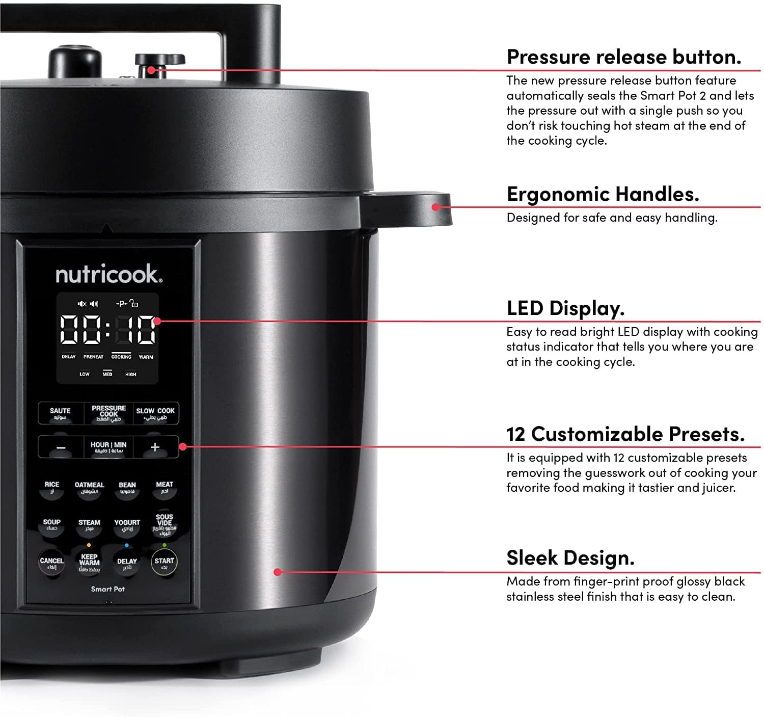 Nutricook Smart Pot 2 Stainless Steel 6 QT (5.7L), 1000W 9-in-1 Instant Programmable Electric Pressure Cooker, Slow Cooker, Rice Cooker, Steamer, Sauté Pot, Sous Vide, Smart Lid, 2-Year Warranty