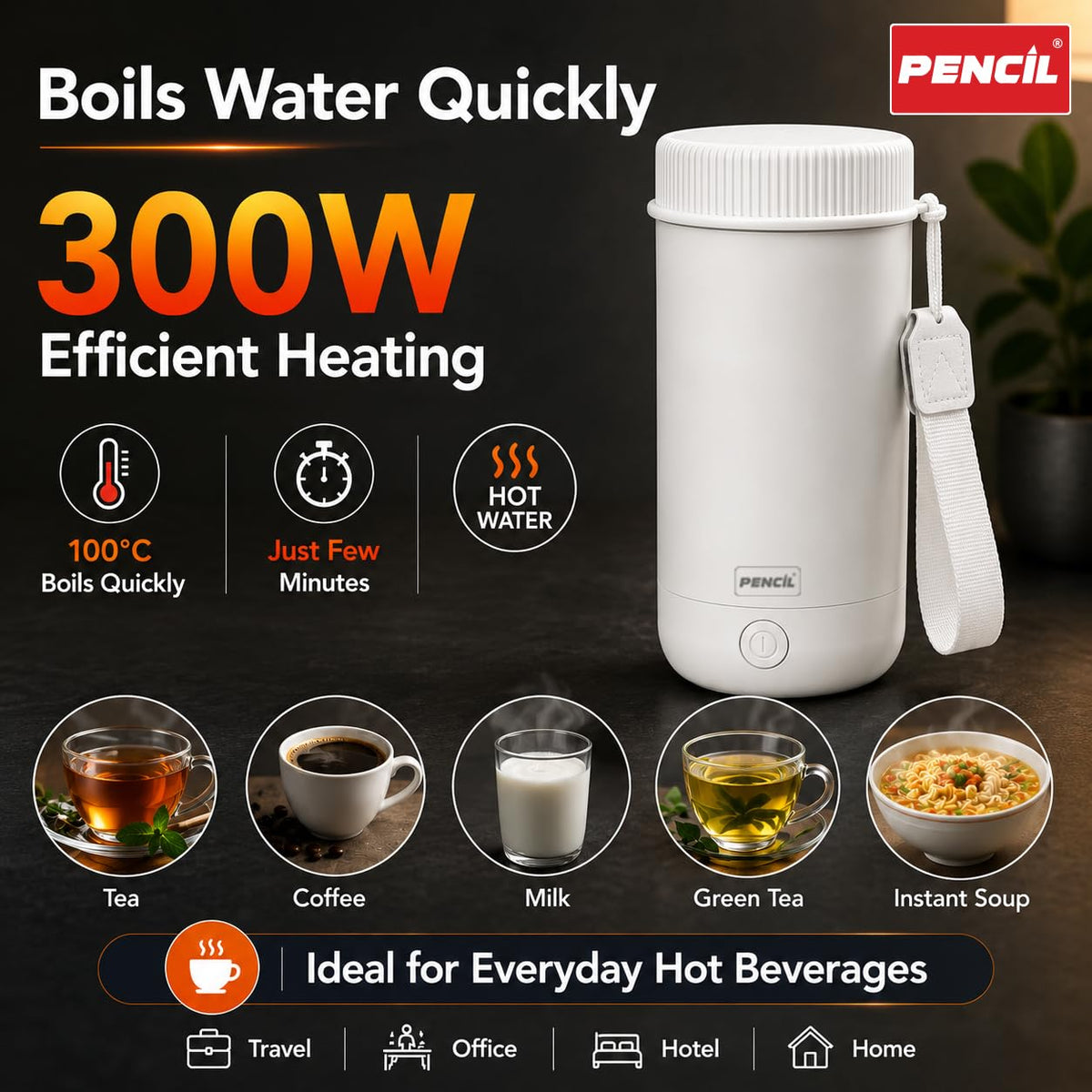 Pencil Travel Electric Kettle Portable Stainless Steel Water Boiler with Fast Heating for Tea, Coffee & Hot Water