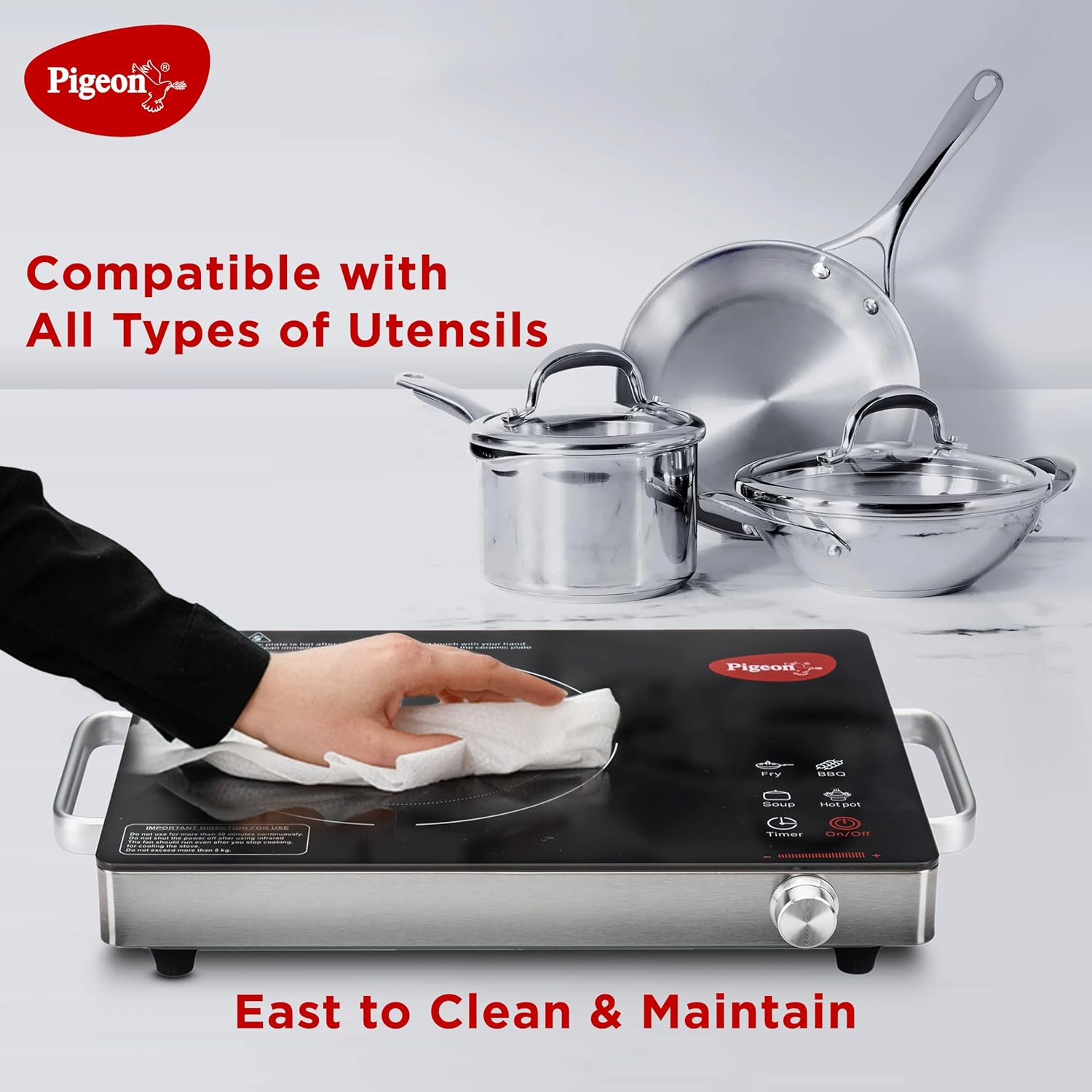 Pigeon Radiant Infrared Cooktop 2200 Watt, Compatable for all cooking utensils, Black, Medium