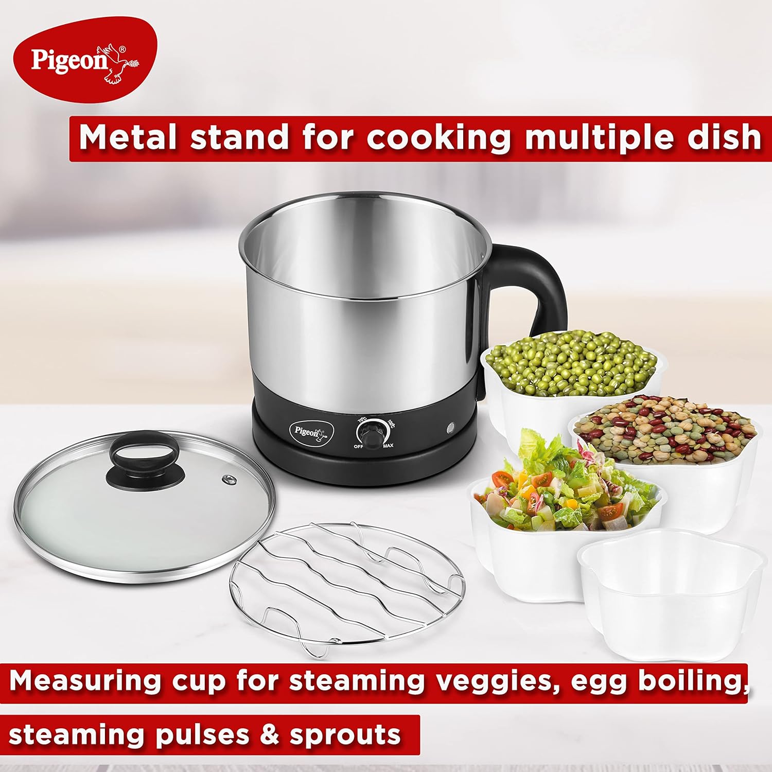 Pigeon Kessel Multipurpose Electric Kettle (12173) 1.2 litres with Stainless Steel Body, used for boiling Water and milk, Tea, Coffee, Oats, Noodles, Soup etc. 600 Watt (Black &amp; Silver)