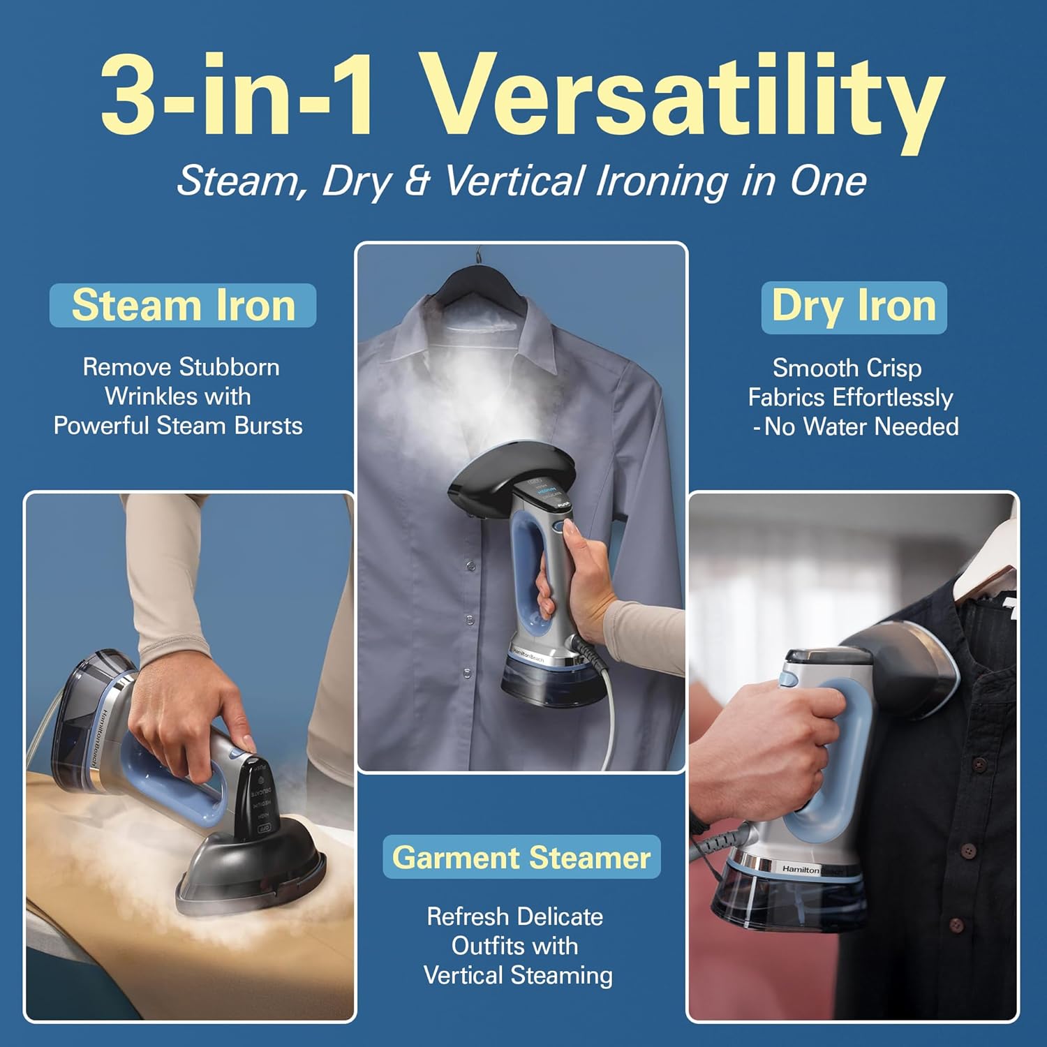 Hamilton Beach Patented Durathon 3-in-1 Garment Steamer, 10 year Soleplate warranty, Garment Steamer for Clothes, Steam Iron & Dry Iron for Clothes, One-Touch High/Medium/Delicate, Auto Shut off