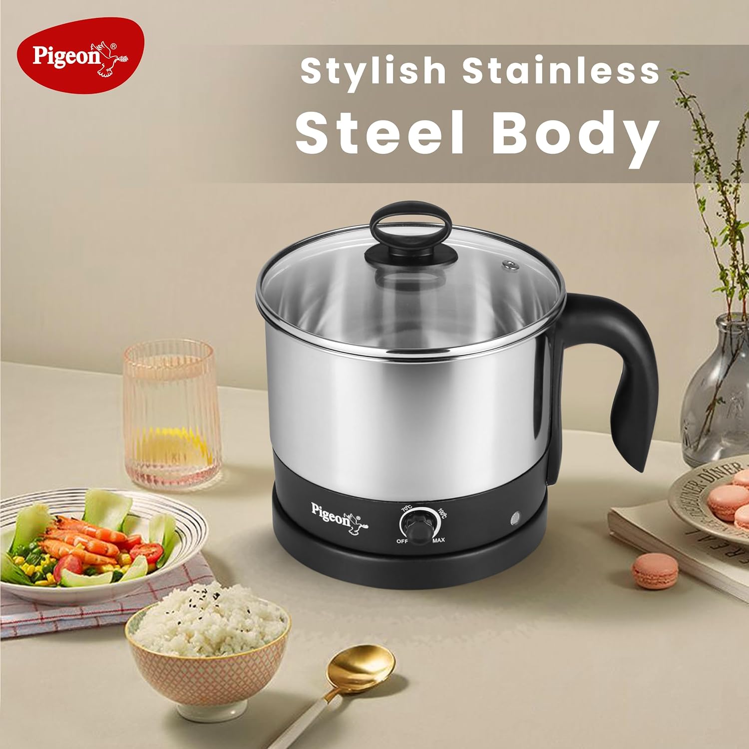 Pigeon 1.5 Liters Multipurpose Electric Kessel 3 in 1 Value Pack, Multi Cooker, Idli Stand with 3 Plates, Steamer With Stainless Steel Stand (Black &amp; silver)