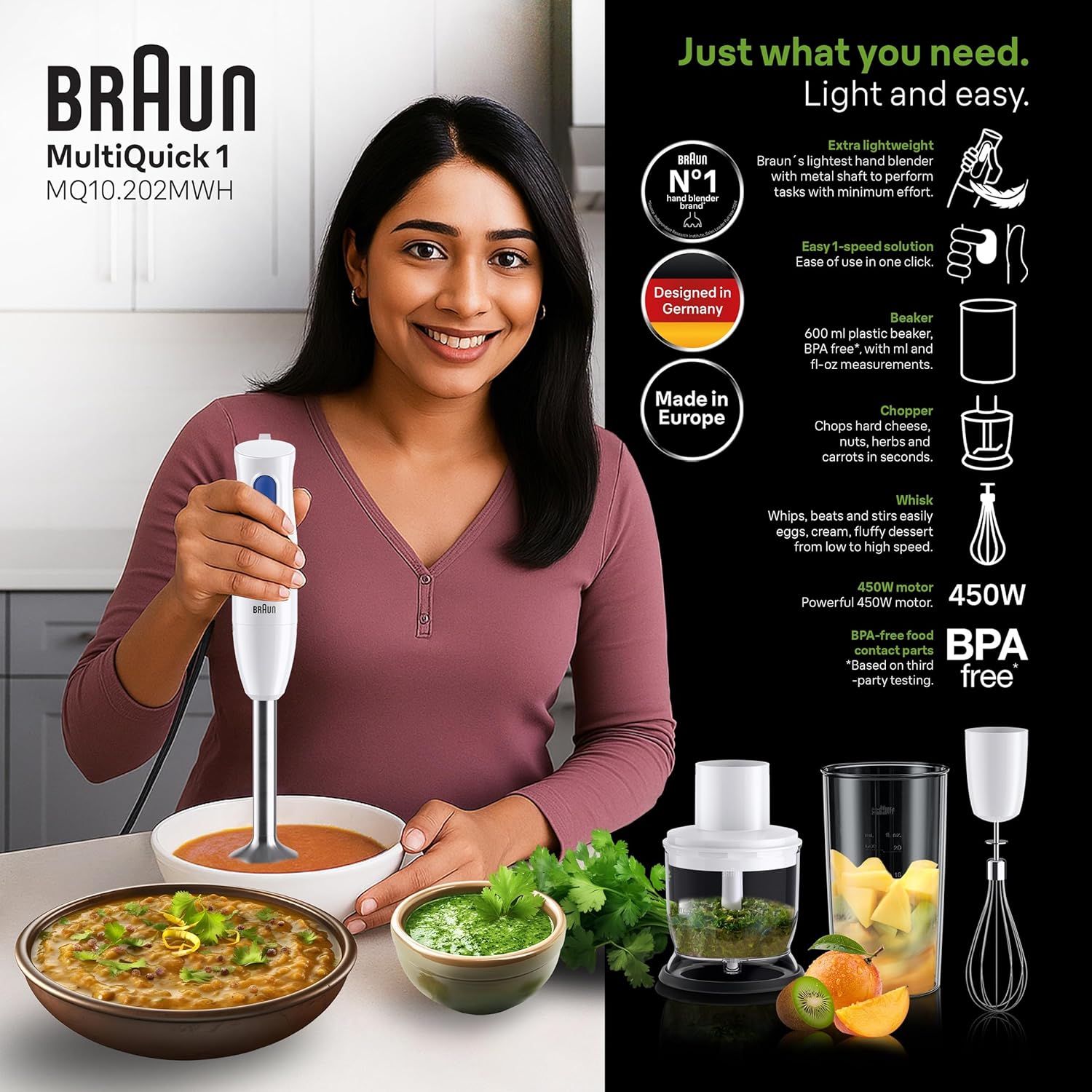 Braun MultiQuick 1 Hand Blender 450W with Beaker, Chopper, Whisk, EasyTwist Technology, Lightweight, Stainless Steel for Chopping, Baby Food, Chutney, Purees, Lassi, Smoothie,Soup, Shake MQ10.202M